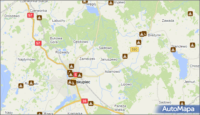 mapa Januszewo gmina Biskupiec, Januszewo gmina Biskupiec na mapie Targeo