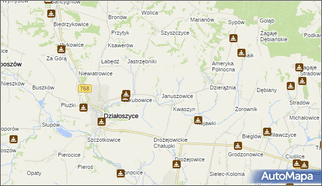 mapa Januszowice gmina Działoszyce, Januszowice gmina Działoszyce na mapie Targeo