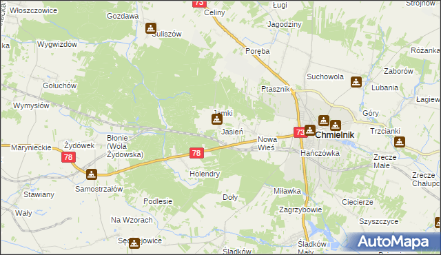 mapa Jasień gmina Chmielnik, Jasień gmina Chmielnik na mapie Targeo