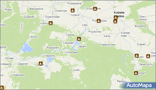 mapa Jasień gmina Kobiele Wielkie, Jasień gmina Kobiele Wielkie na mapie Targeo