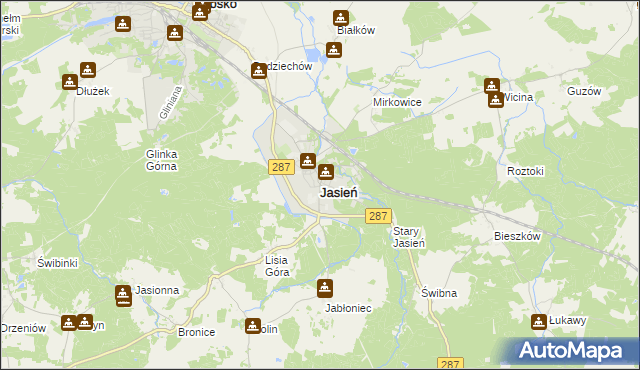 mapa Jasień powiat żarski, Jasień powiat żarski na mapie Targeo