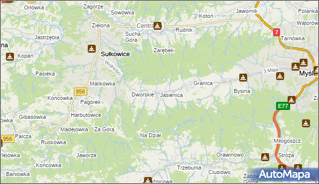 mapa Jasienica gmina Myślenice, Jasienica gmina Myślenice na mapie Targeo