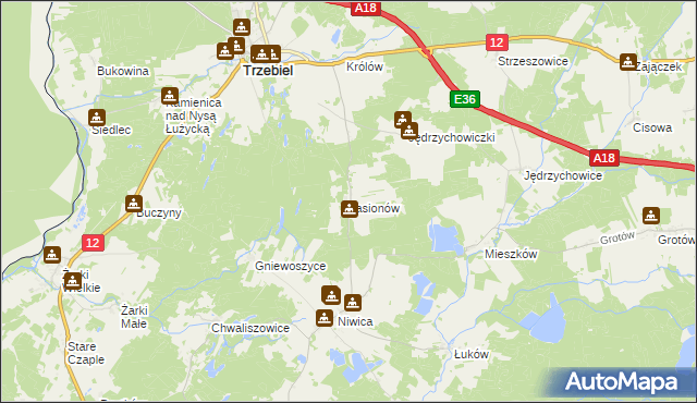 mapa Jasionów gmina Trzebiel, Jasionów gmina Trzebiel na mapie Targeo