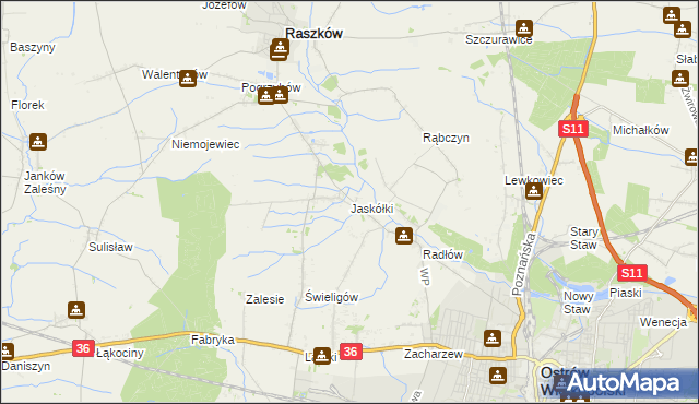 mapa Jaskółki gmina Raszków, Jaskółki gmina Raszków na mapie Targeo