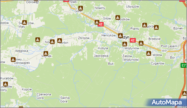 mapa Jastrzębia gmina Bliżyn, Jastrzębia gmina Bliżyn na mapie Targeo