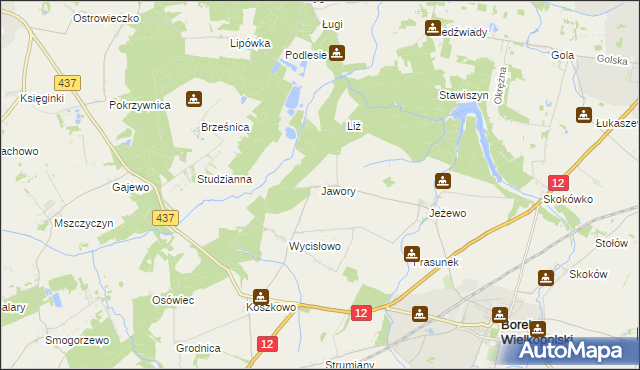 mapa Jawory gmina Borek Wielkopolski, Jawory gmina Borek Wielkopolski na mapie Targeo