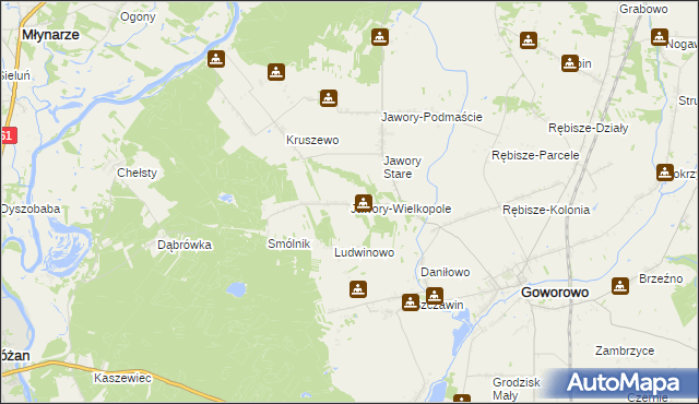 mapa Jawory-Wielkopole, Jawory-Wielkopole na mapie Targeo