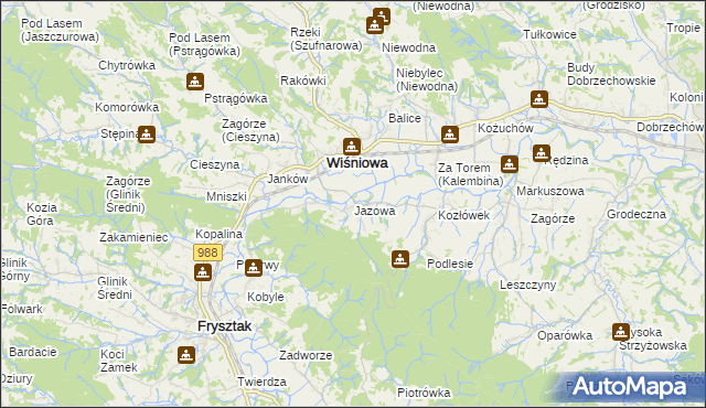 mapa Jazowa gmina Wiśniowa, Jazowa gmina Wiśniowa na mapie Targeo