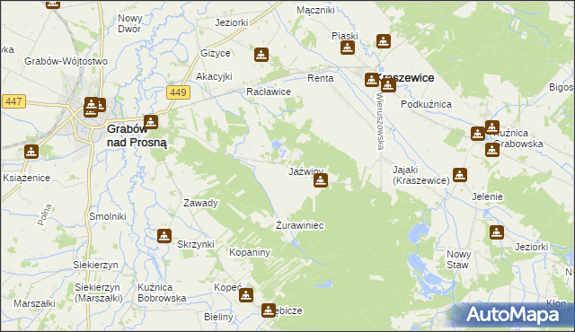 mapa Jaźwiny gmina Kraszewice, Jaźwiny gmina Kraszewice na mapie Targeo