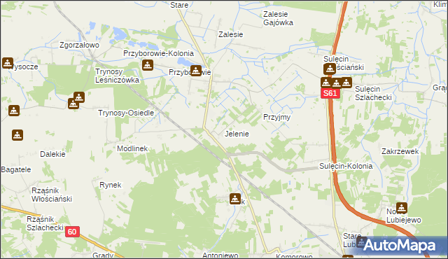 mapa Jelenie gmina Ostrów Mazowiecka, Jelenie gmina Ostrów Mazowiecka na mapie Targeo