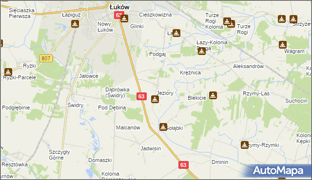 mapa Jeziory gmina Łuków, Jeziory gmina Łuków na mapie Targeo