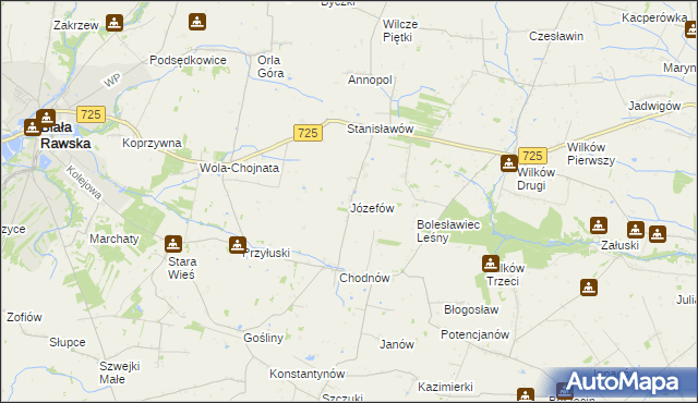 mapa Józefów gmina Biała Rawska, Józefów gmina Biała Rawska na mapie Targeo