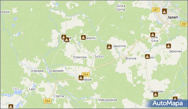 mapa Jurzyn gmina Jasień, Jurzyn gmina Jasień na mapie Targeo