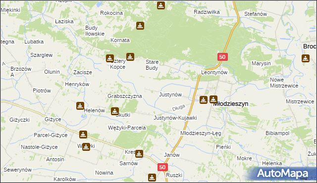 mapa Justynów gmina Młodzieszyn, Justynów gmina Młodzieszyn na mapie Targeo