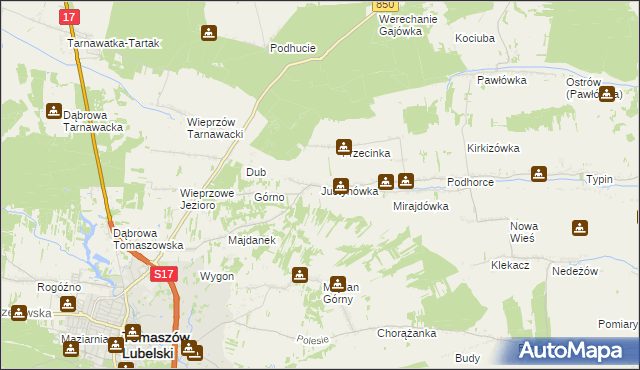 mapa Justynówka gmina Tomaszów Lubelski, Justynówka gmina Tomaszów Lubelski na mapie Targeo