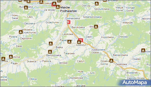 mapa Juszczyn gmina Maków Podhalański, Juszczyn gmina Maków Podhalański na mapie Targeo