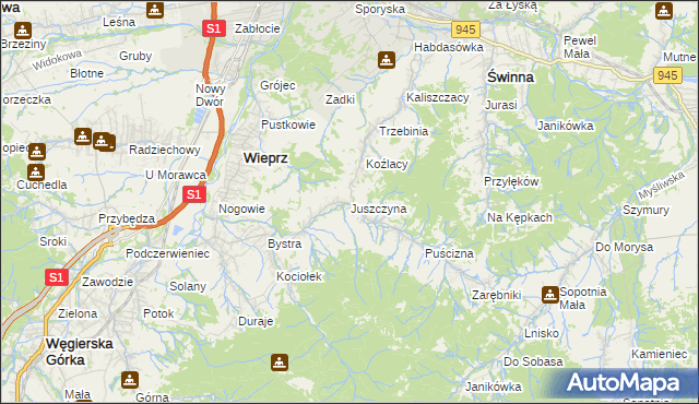 mapa Juszczyna, Juszczyna na mapie Targeo