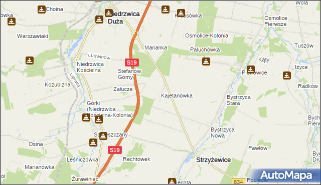 mapa Kajetanówka gmina Strzyżewice, Kajetanówka gmina Strzyżewice na mapie Targeo