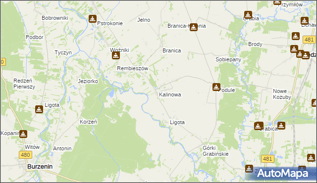 mapa Kalinowa gmina Zapolice, Kalinowa gmina Zapolice na mapie Targeo