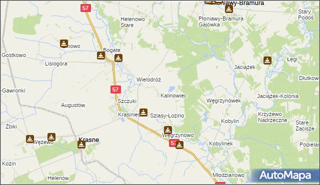 mapa Kalinowiec gmina Płoniawy-Bramura, Kalinowiec gmina Płoniawy-Bramura na mapie Targeo