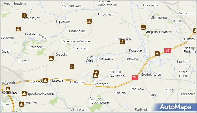 mapa Kaliszany gmina Wojciechowice, Kaliszany gmina Wojciechowice na mapie Targeo