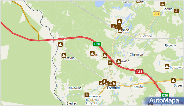 mapa Kałki gmina Trzebiel, Kałki gmina Trzebiel na mapie Targeo