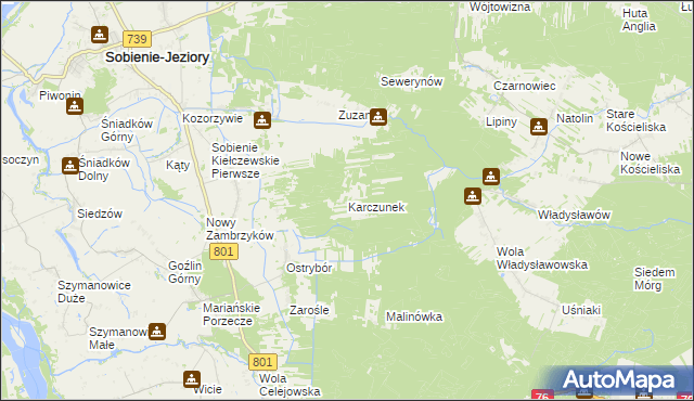 mapa Karczunek gmina Sobienie-Jeziory, Karczunek gmina Sobienie-Jeziory na mapie Targeo