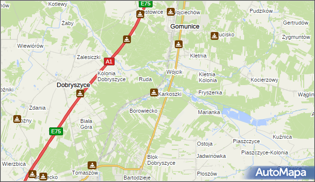 mapa Karkoszki gmina Gomunice, Karkoszki gmina Gomunice na mapie Targeo