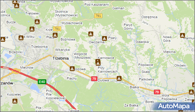 mapa Karniowice gmina Trzebinia, Karniowice gmina Trzebinia na mapie Targeo