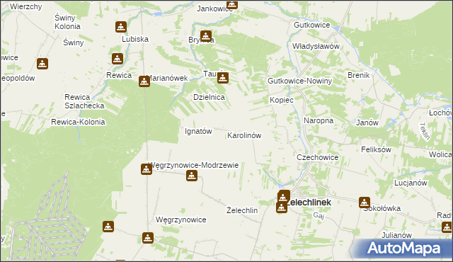 mapa Karolinów gmina Żelechlinek, Karolinów gmina Żelechlinek na mapie Targeo