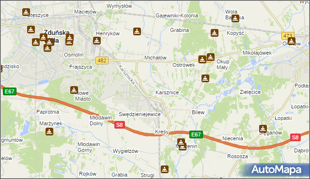 mapa Karsznice gmina Zduńska Wola, Karsznice gmina Zduńska Wola na mapie Targeo