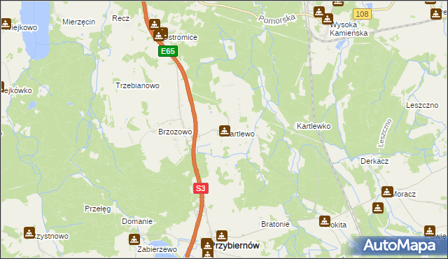 mapa Kartlewo gmina Przybiernów, Kartlewo gmina Przybiernów na mapie Targeo