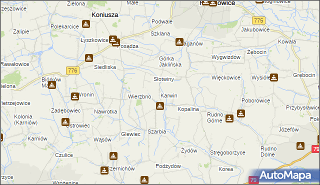 mapa Karwin gmina Koniusza, Karwin gmina Koniusza na mapie Targeo