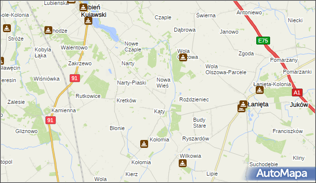 mapa Kąty gmina Lubień Kujawski, Kąty gmina Lubień Kujawski na mapie Targeo