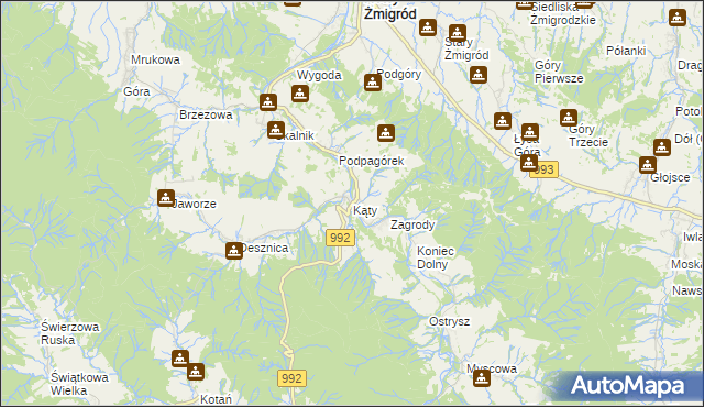 mapa Kąty gmina Nowy Żmigród, Kąty gmina Nowy Żmigród na mapie Targeo