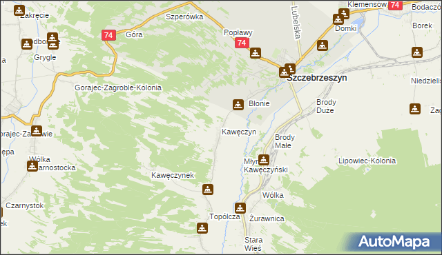 mapa Kawęczyn gmina Szczebrzeszyn, Kawęczyn gmina Szczebrzeszyn na mapie Targeo