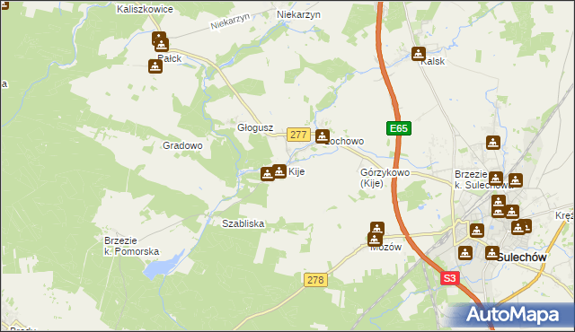 mapa Kije gmina Sulechów, Kije gmina Sulechów na mapie Targeo