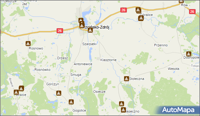 mapa Klasztorne gmina Trzcińsko-Zdrój, Klasztorne gmina Trzcińsko-Zdrój na mapie Targeo