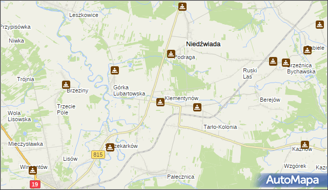 mapa Klementynów gmina Niedźwiada, Klementynów gmina Niedźwiada na mapie Targeo