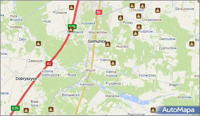 mapa Kletnia gmina Gomunice, Kletnia gmina Gomunice na mapie Targeo