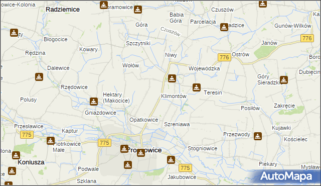 mapa Klimontów gmina Proszowice, Klimontów gmina Proszowice na mapie Targeo