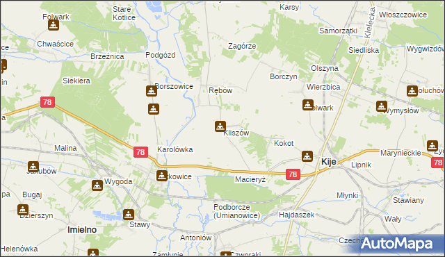 mapa Kliszów gmina Kije, Kliszów gmina Kije na mapie Targeo