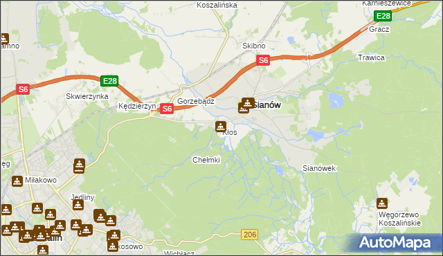 mapa Kłos gmina Sianów, Kłos gmina Sianów na mapie Targeo