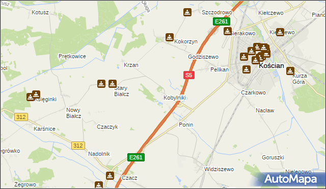 mapa Kobylniki gmina Kościan, Kobylniki gmina Kościan na mapie Targeo