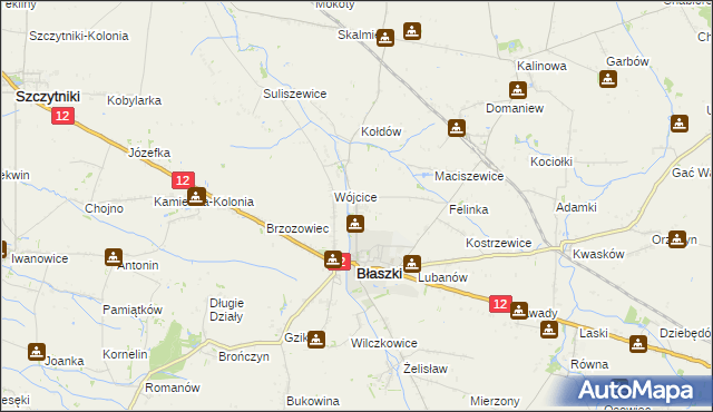 mapa Kokoszki gmina Błaszki, Kokoszki gmina Błaszki na mapie Targeo