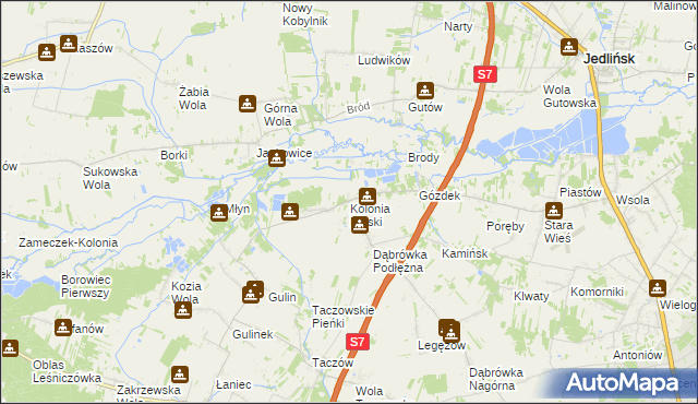 mapa Kolonia Piaski gmina Zakrzew, Kolonia Piaski gmina Zakrzew na mapie Targeo