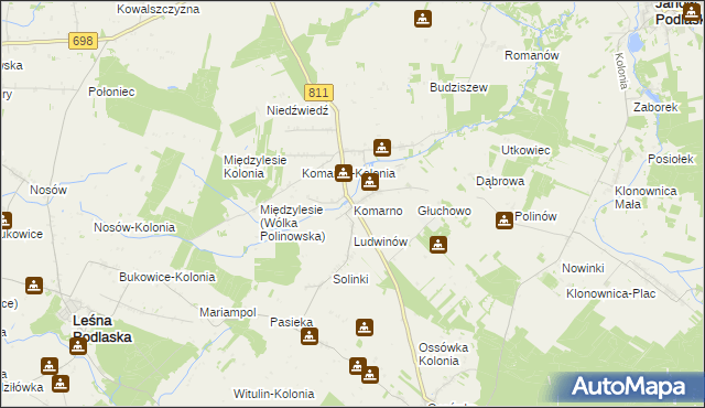 mapa Komarno gmina Konstantynów, Komarno gmina Konstantynów na mapie Targeo