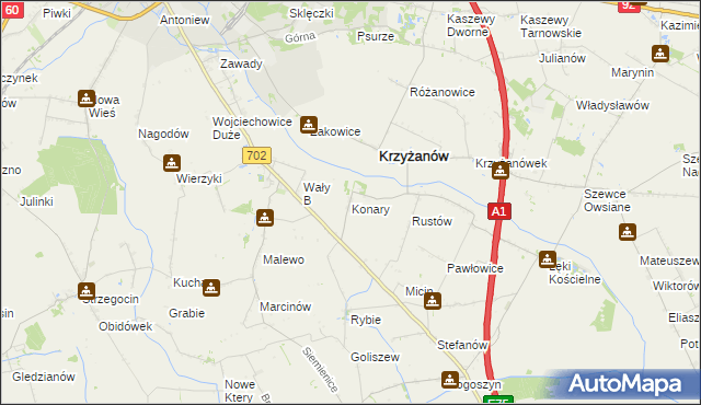 mapa Konary gmina Krzyżanów, Konary gmina Krzyżanów na mapie Targeo