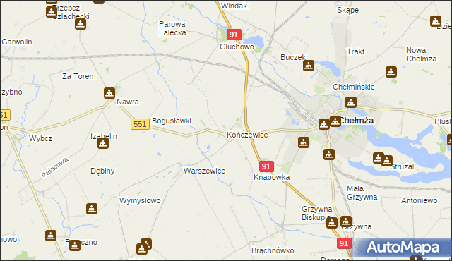 mapa Kończewice gmina Chełmża, Kończewice gmina Chełmża na mapie Targeo