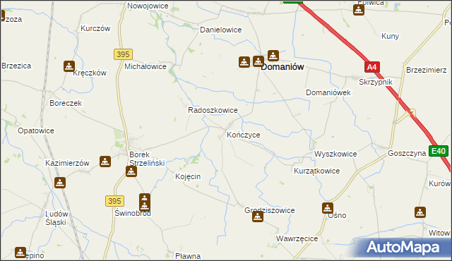 mapa Kończyce gmina Domaniów, Kończyce gmina Domaniów na mapie Targeo